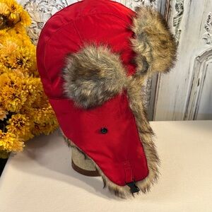 Red Faux Fur-Lined Trapper Hat